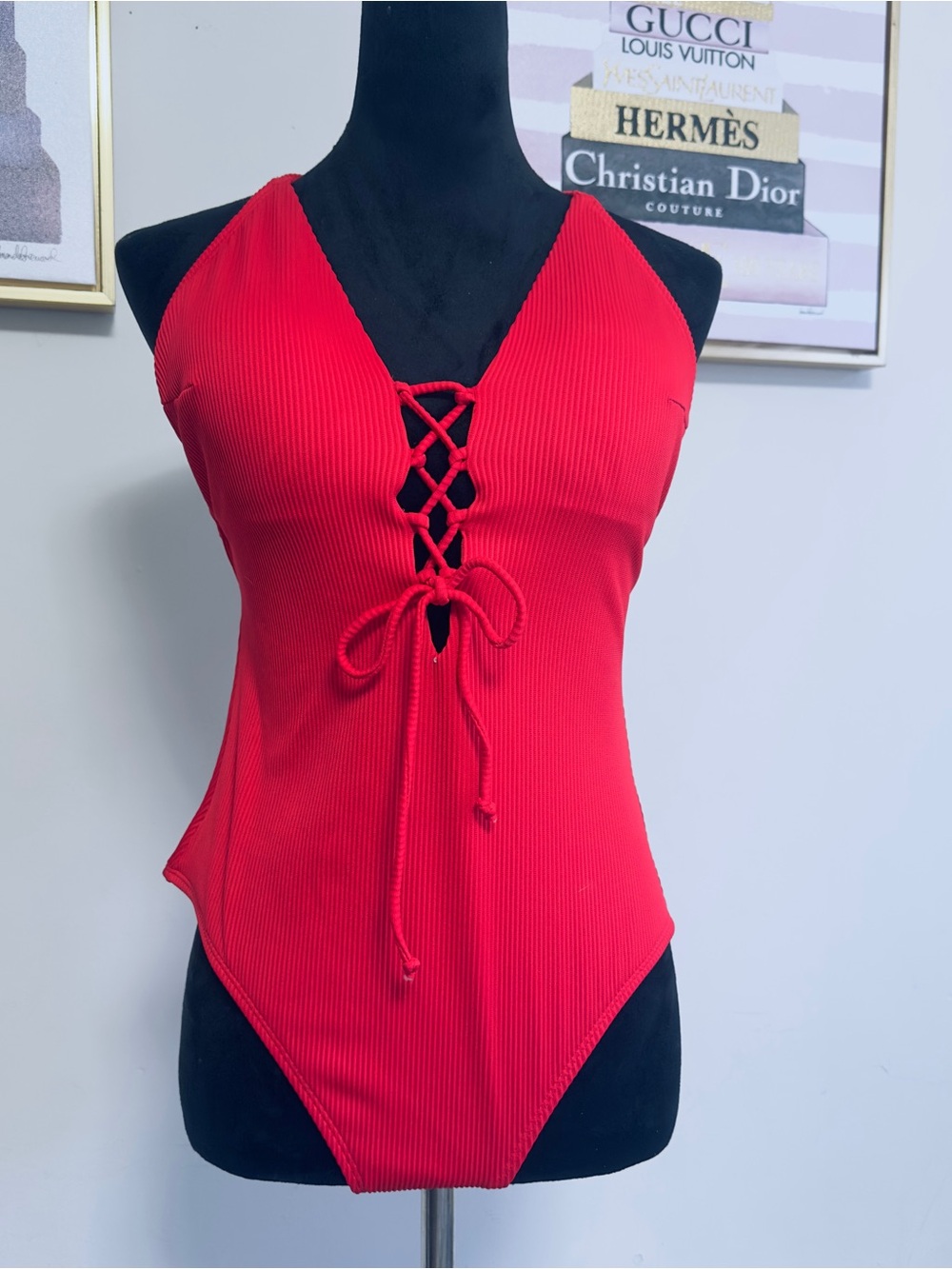 Carmen Marc Valvo Red Lace-Up Ribbed One-Piece Swimsuit